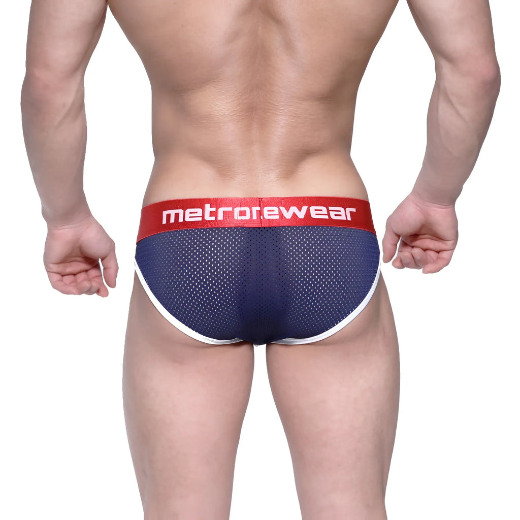 Navy blue metrorewear mesh briefs with red waistband and white trim metro malewear bruno brief dark blue 2803-31