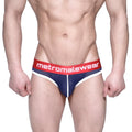 MetroMalewear bruno brief dark blue mesh briefs with red waistband white branding and white trim