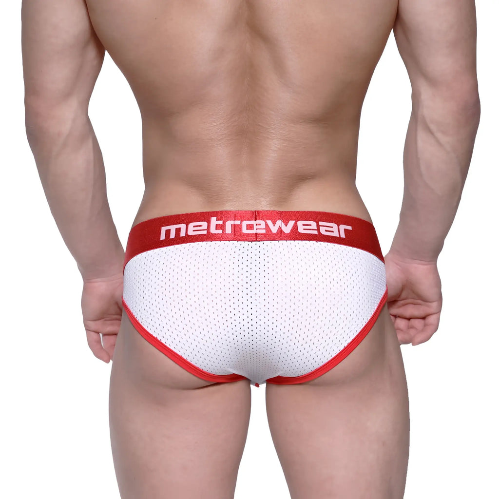 MetroMaleWear Bruno brief red 2803-30 white mesh briefs with red trim and red waistband with metrewear logo