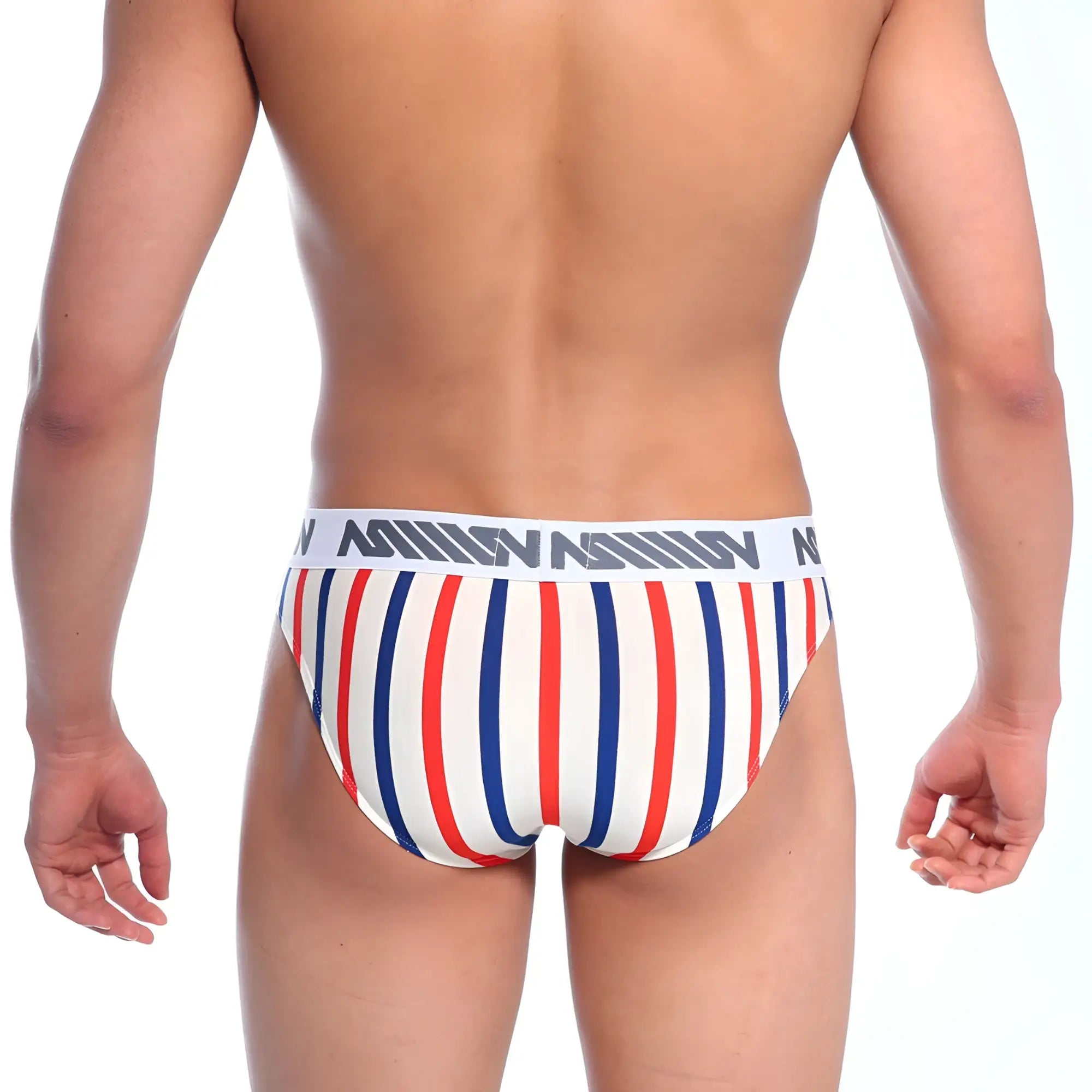 MetroMaleWear Bruno Brief Stripe 2803-41 men’s briefs with red white and blue vertical stripes and white million waistband