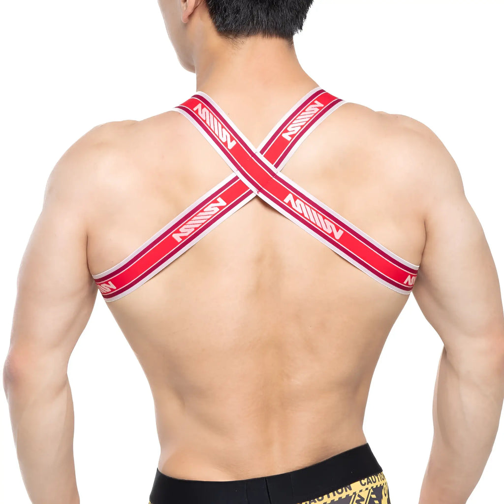 Red and white striped cross-back athletic supporter with bold million branding by metro malewear brutal harness red 1400-12