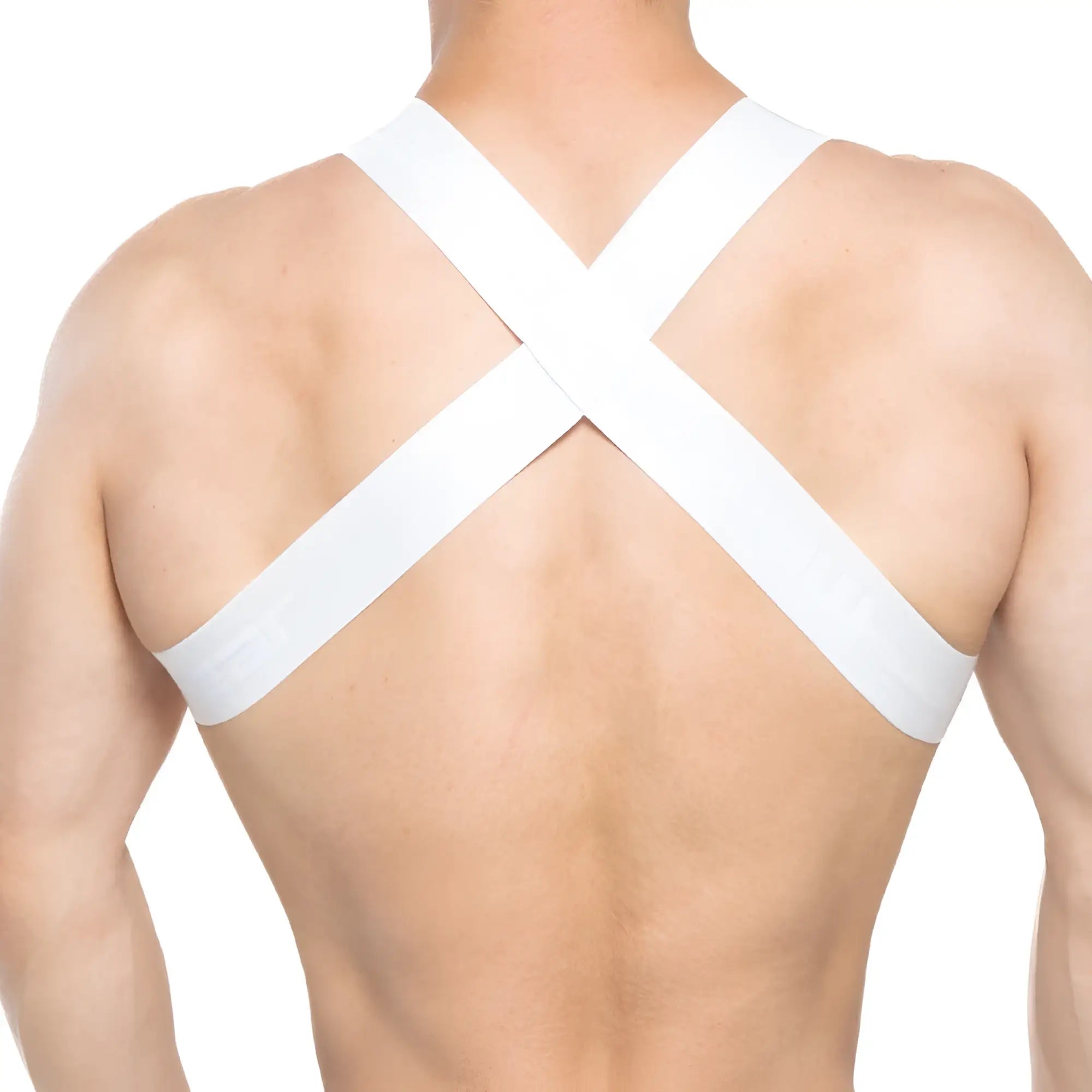 White cross-back support strap harness worn over shoulders shown from back side in MetroMaleWear brutal harness white 1400-00