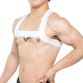 White fabric brutal harness by MetroMaleWear with adjustable shoulder straps and central metal ring