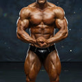 A muscular bodybuilder wearing black shiny metroMalewear BSD swim brief 4914-33 with silver grommets visible front side