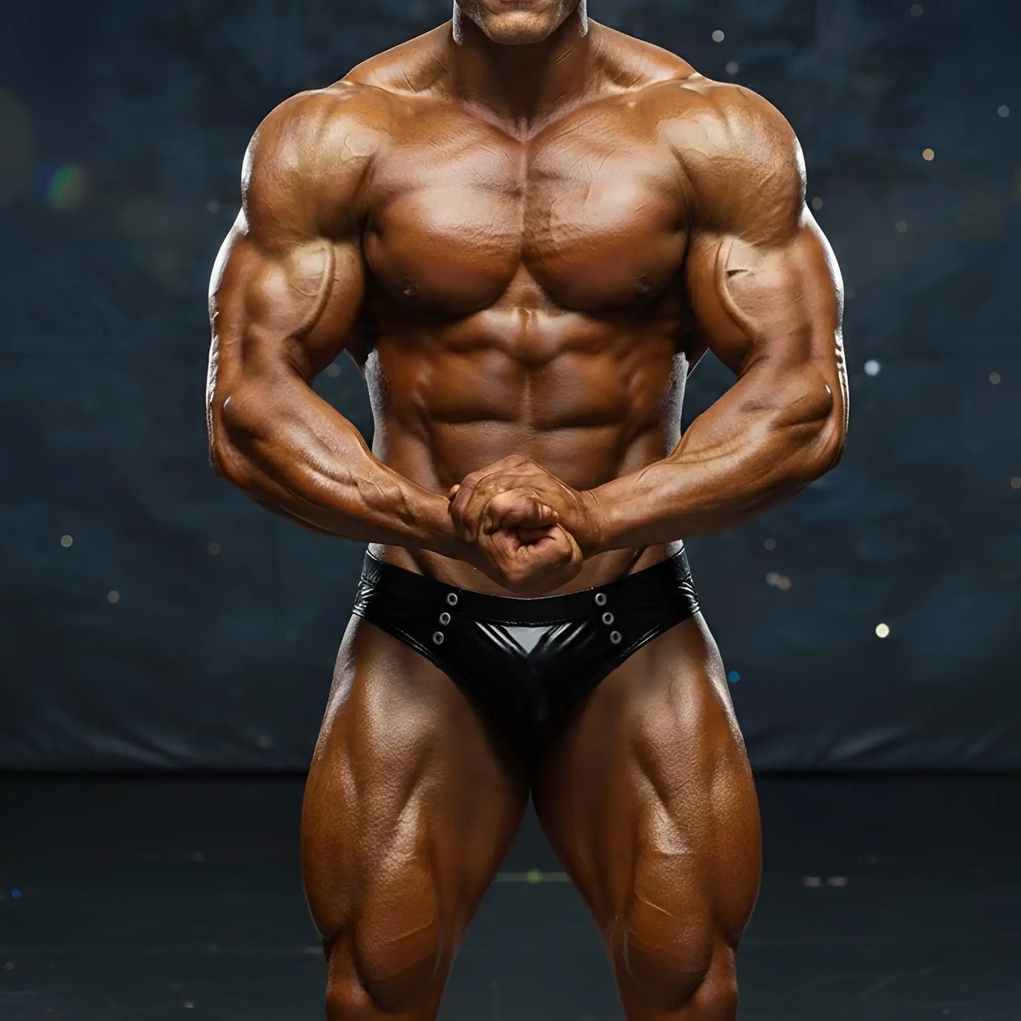 A muscular bodybuilder wearing black shiny metroMalewear BSD swim brief 4914-33 with silver grommets visible front side