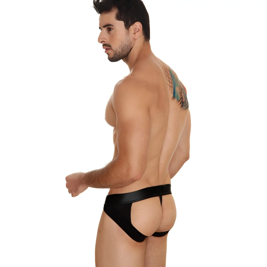 Black leather-like briefs with wide waistband and cutout design metroMalewear buffalo jock strap 2001-72