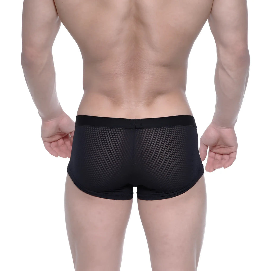 MetroMalewear bulge boxer black mesh briefs with solid black elastic waistband for breathable comfort