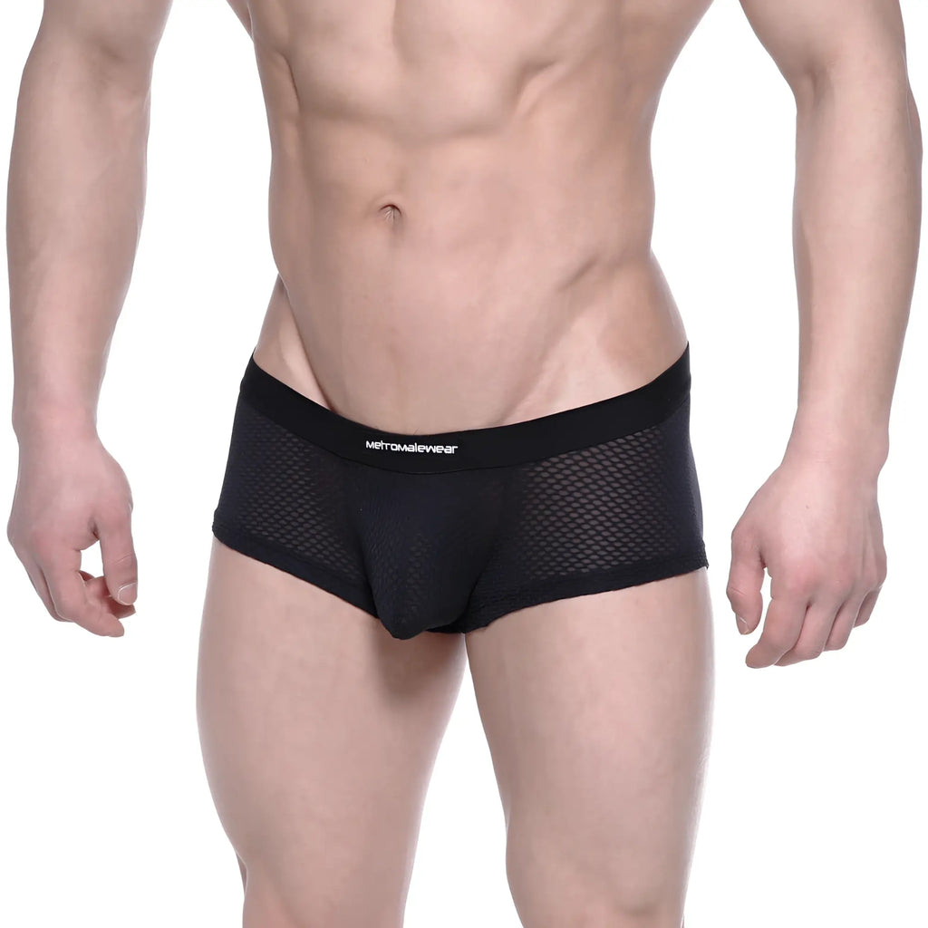 Black mesh briefs with solid waistband featuring metroweave brand name metro male wear bulge boxer 3013-70