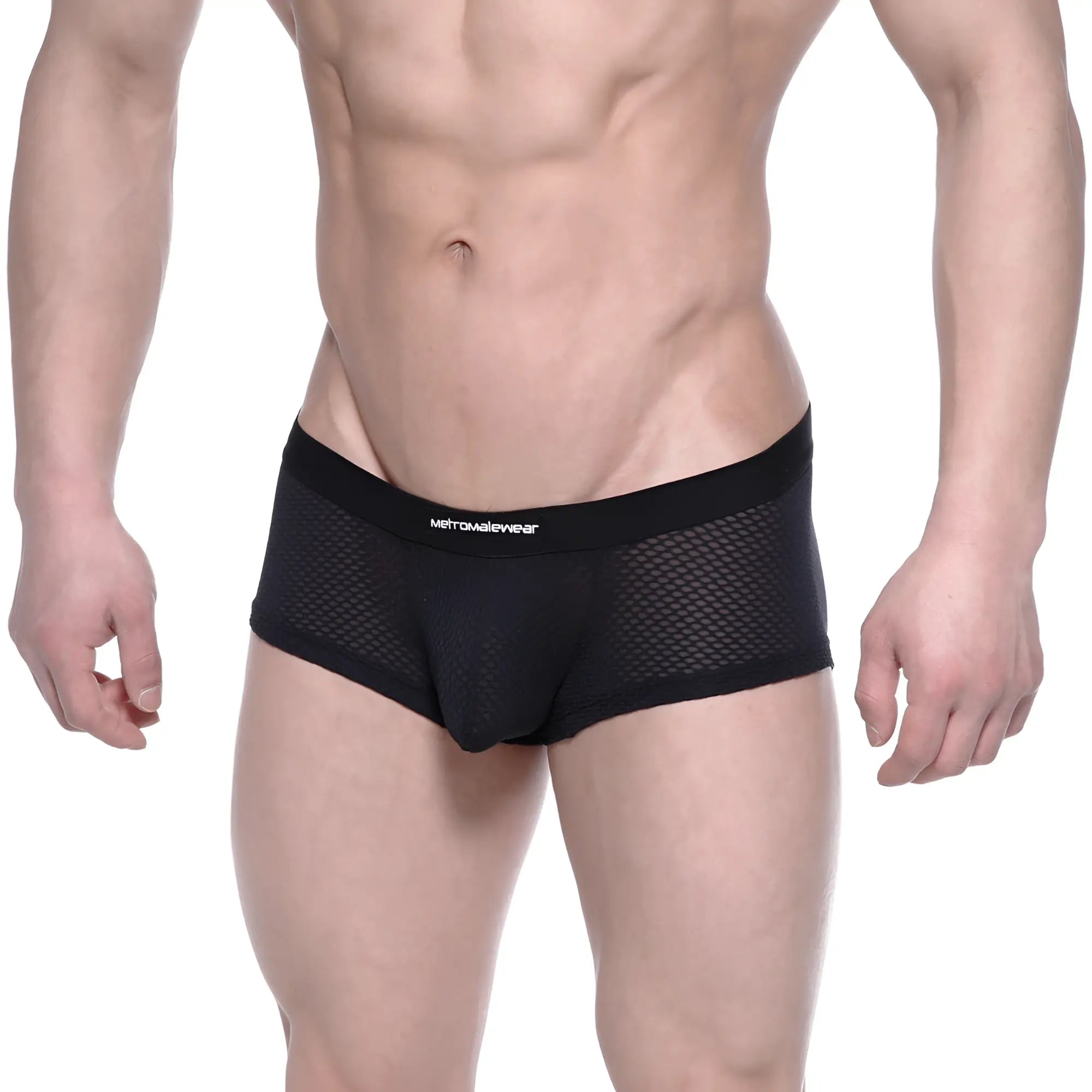 Black mesh briefs with solid waistband featuring metroweave brand name metro male wear bulge boxer 3013-70