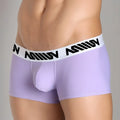 Lavender mens briefs with white elastic waistband and black stylized lettering from metromalewear bulge boxer 3013-19