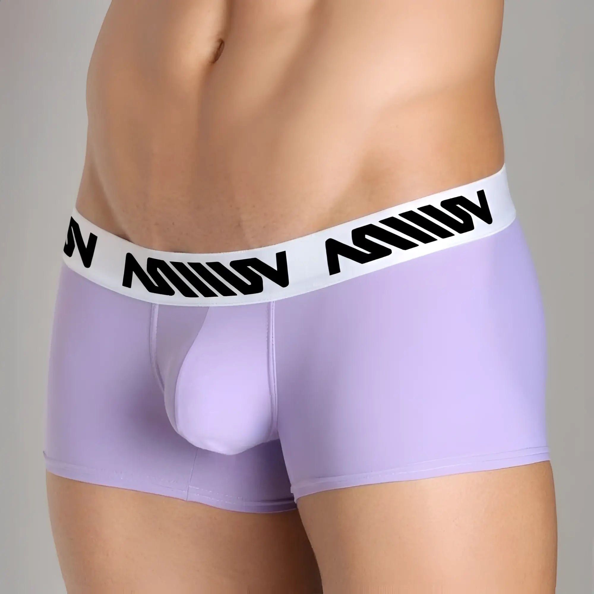 Lavender mens briefs with white elastic waistband and black stylized lettering from metromalewear bulge boxer 3013-19