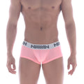 Pink athletic briefs metro male wear bulge boxer pastel pink with white elastic waistband and gray logo pattern