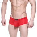 Red mesh briefs with a black waistband featuring the metomalewist label from metro male wear bulge boxer 3013-73