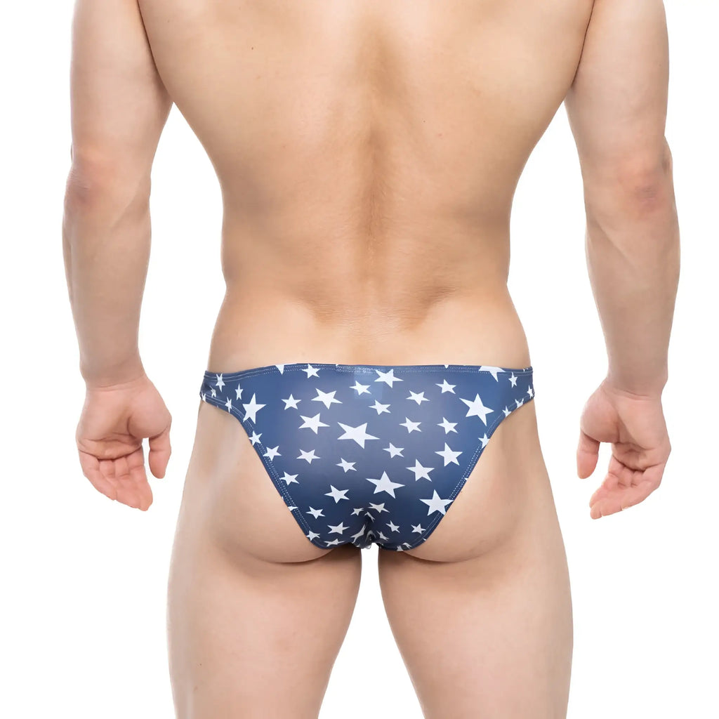 Blue swim trunks with white star pattern from MetroMaleWear bulge capri bikini usa 6104-90 for stylish beachwear