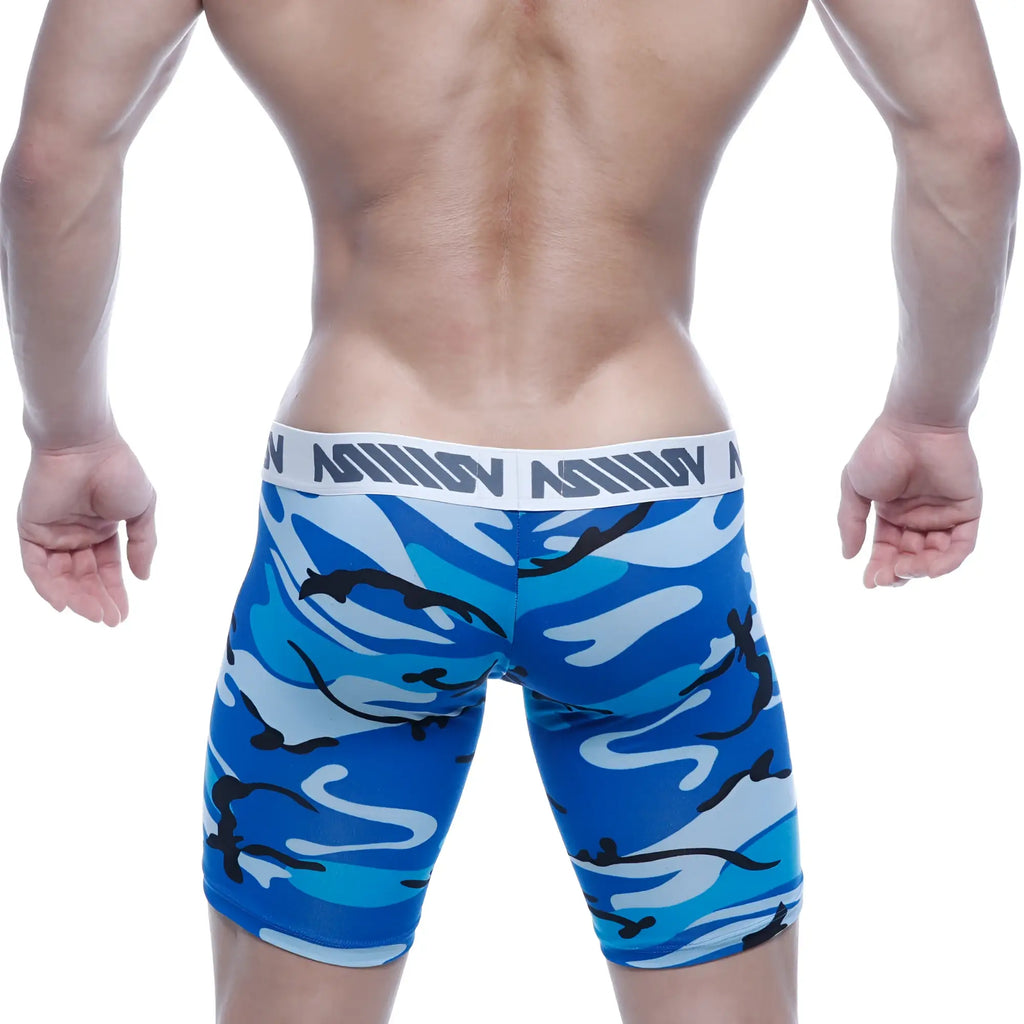 MetroMaleWear bulge midcut boxers in blue and white camouflage with black accent and branded elastic waistband