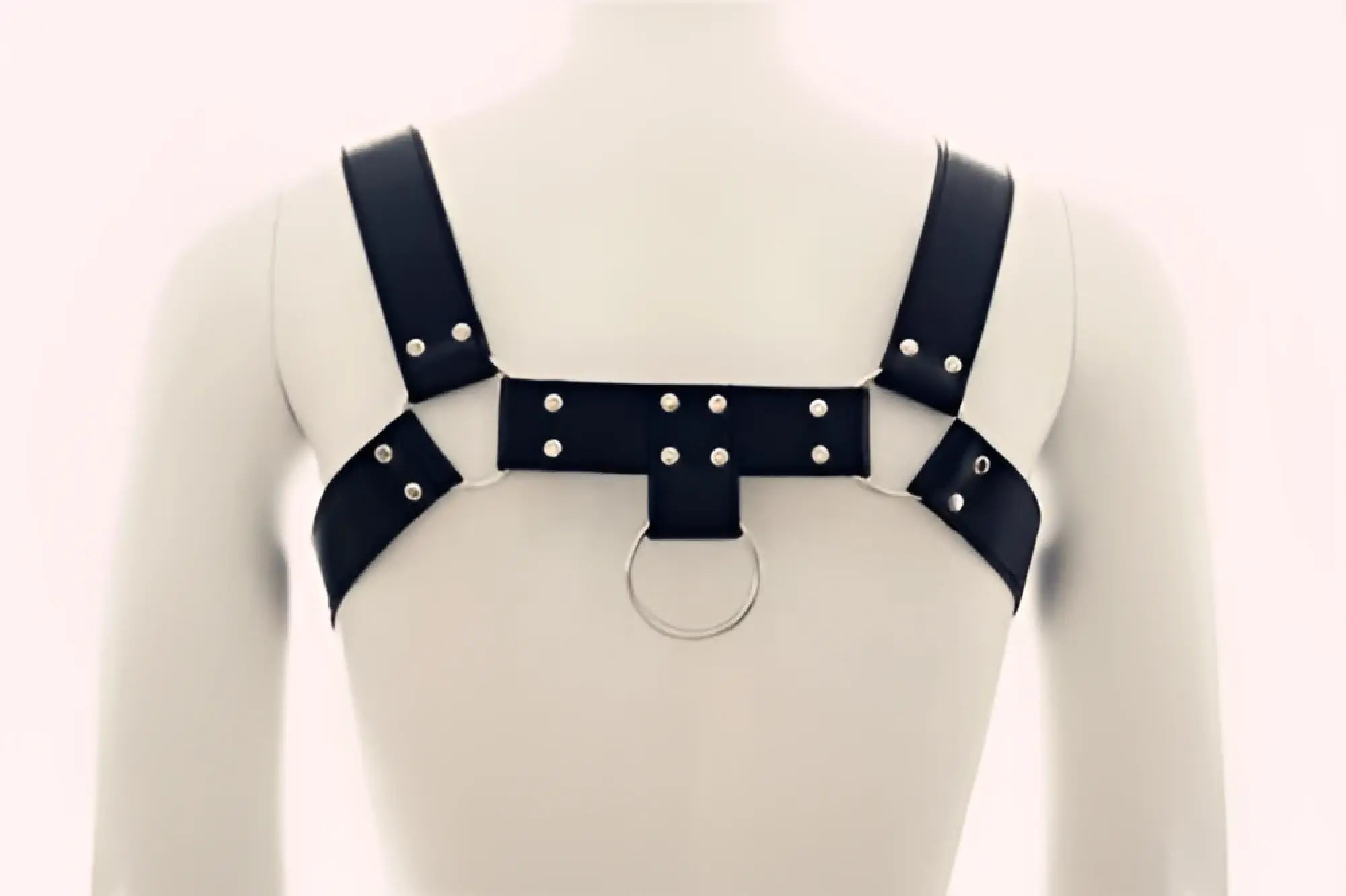 Black leather MetroMaleWear bulldog harness with silver metal studs and central ring for stylish wear