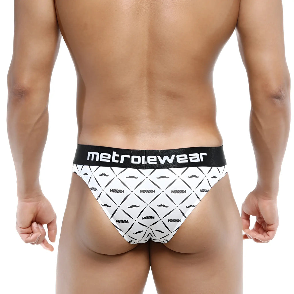 White briefs with black geometric mustache pattern and metroewear elastic waistband shown from the back side
