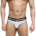 White briefs with a black waistband featuring the metromalewear logo and black mustache pattern shown from the back