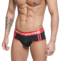 Black and red metroMalewear Cairo brief with bold logo waistband designed for athletic wear and comfort