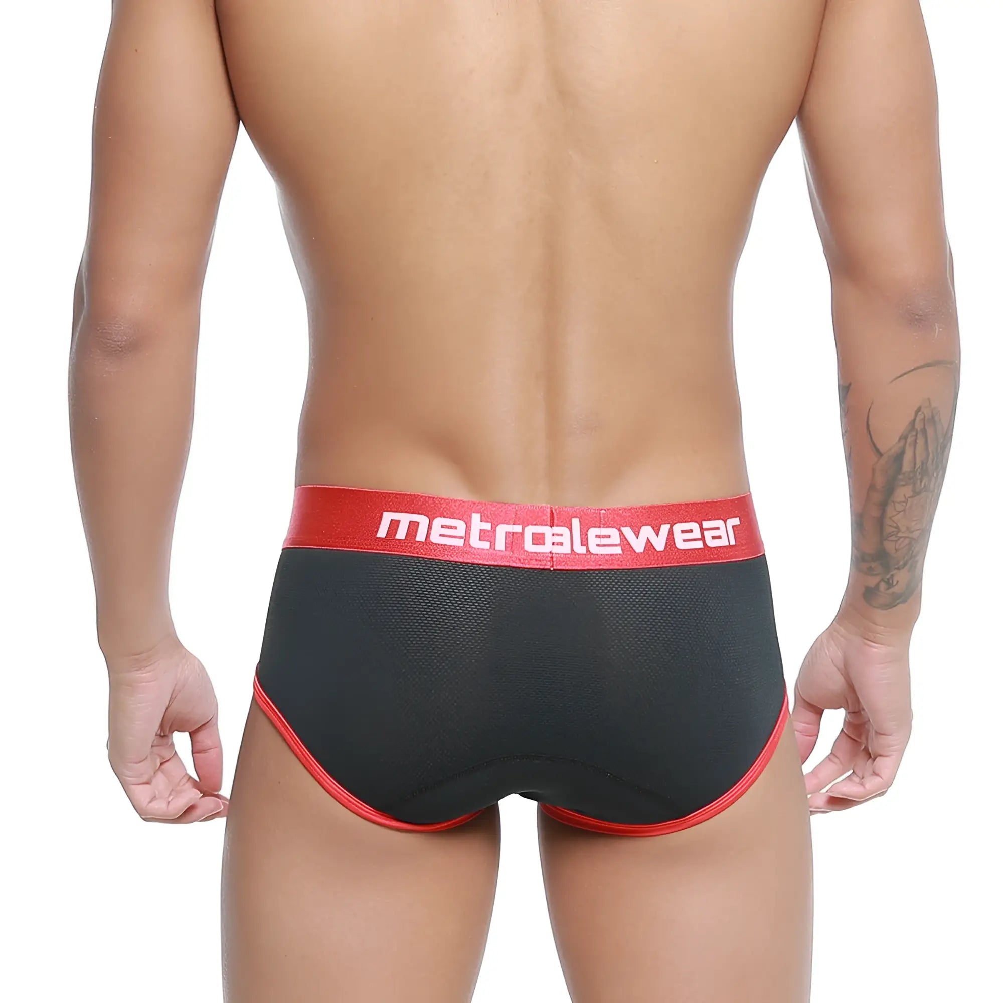 MetroMaleWear Cairo brief black 5106-20 in black and red mesh fabric with elastic waistband designed for comfort
