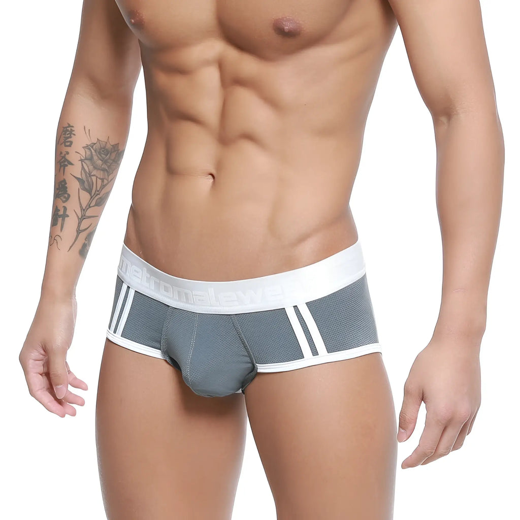 Gray metro malewear cairo brief with white trim vertical stripes mesh texture and women embroidered waistband