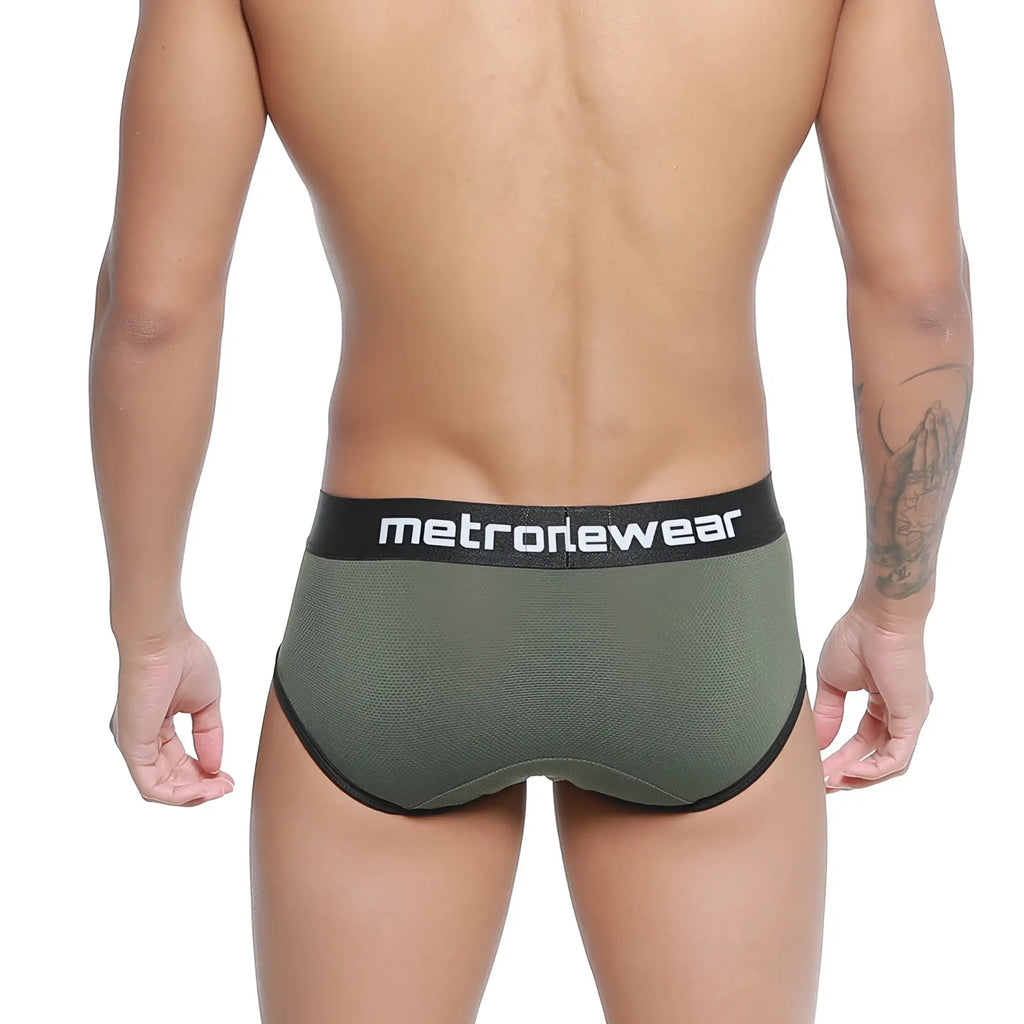 Olive green mesh briefs with black metrowear branded waistband metroMalewear cairo brief 5106-26