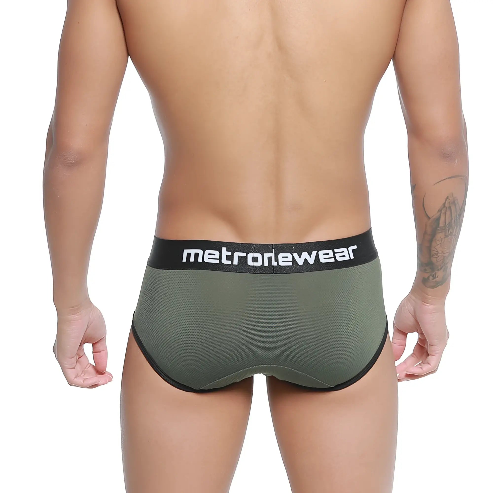 Olive green mesh briefs with black metrowear branded waistband metroMalewear cairo brief 5106-26