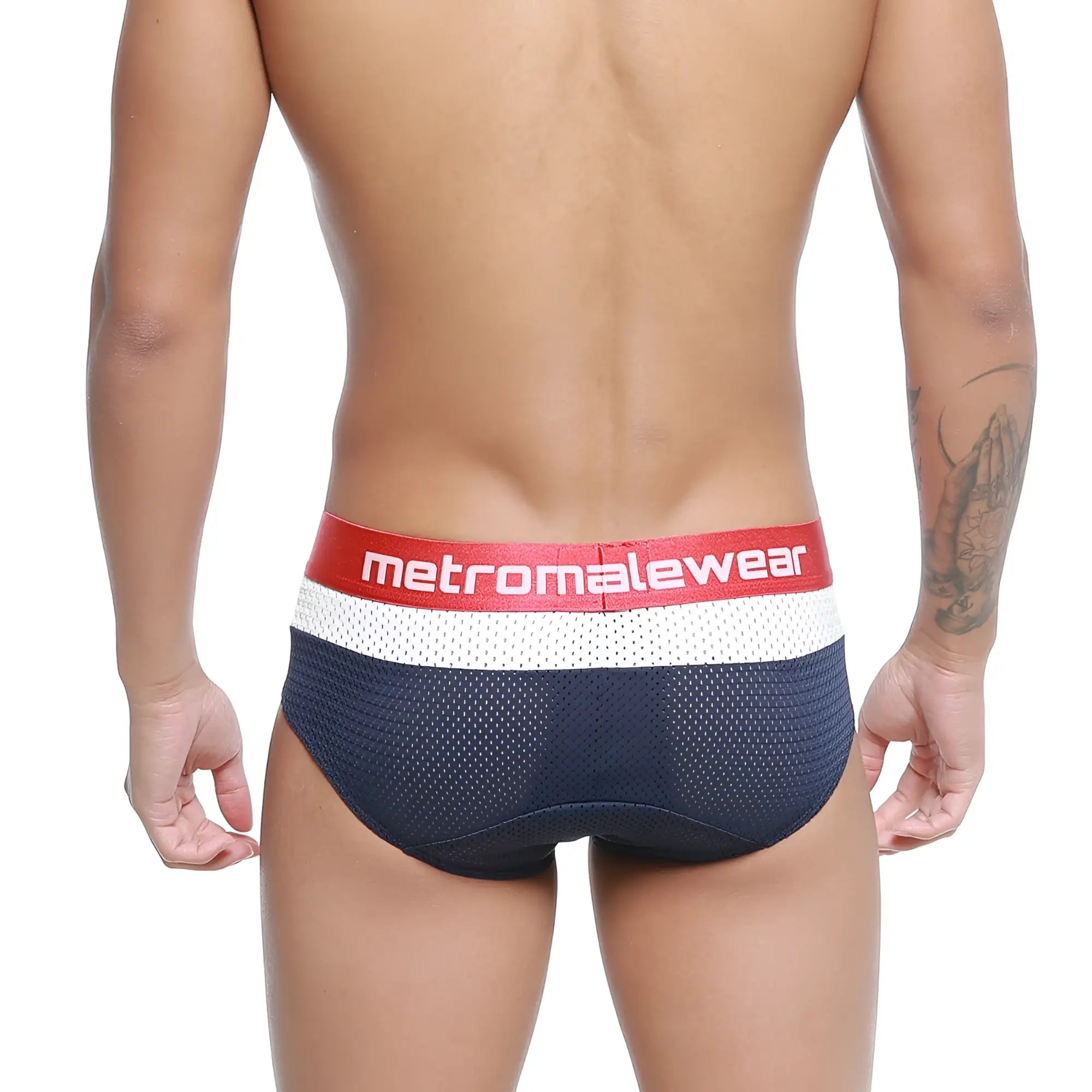 Navy blue mesh briefs with a red and white metromalewear logo waistband metro malewear cairo brief 5106-28