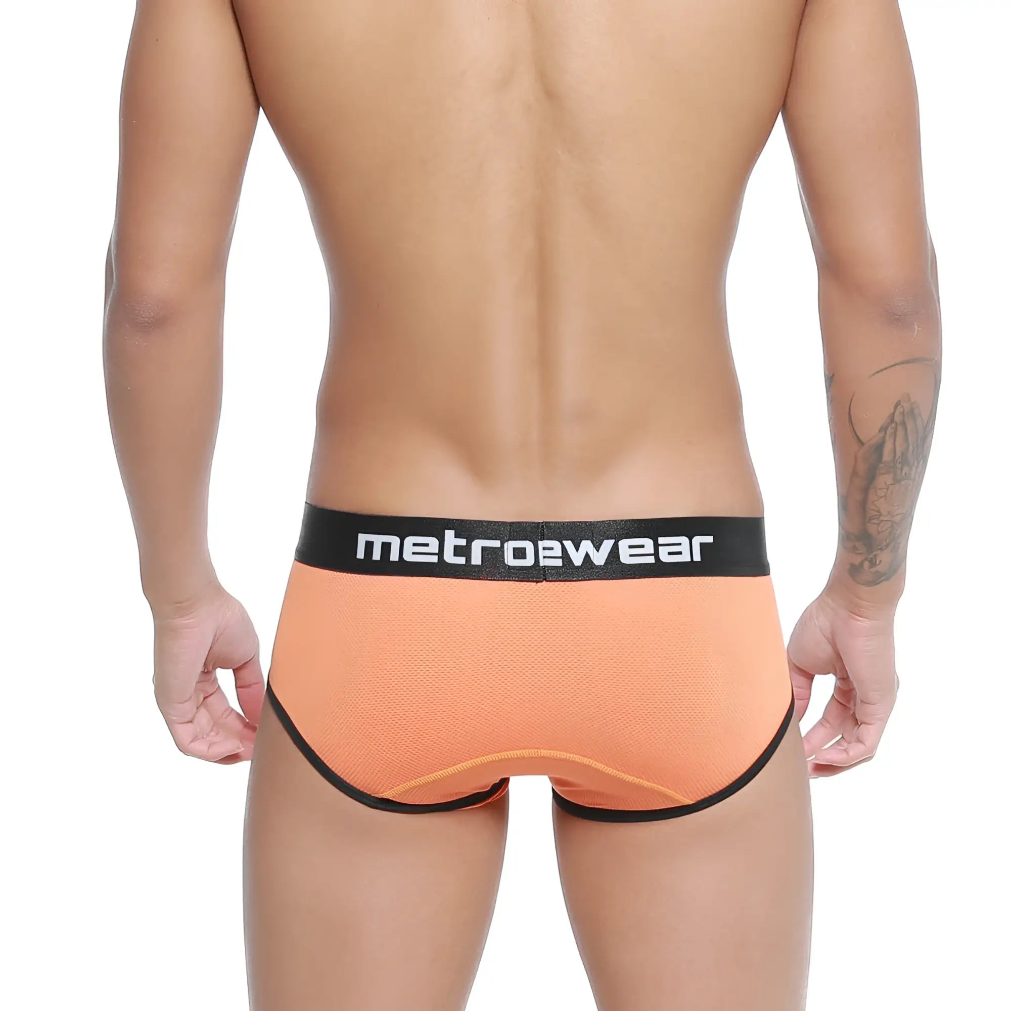 MetroMalewear Cairo brief orange mesh with black elastic waistband and white metrowear branding front view