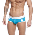 Bright blue MetroMaleWear Cairo Brief turquoise athletic briefs with white trim vertical stripes and branded waistband