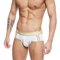 White men’s briefs with gold trim and etromalewear waistband from metromalewear cairo brief white 5106-00