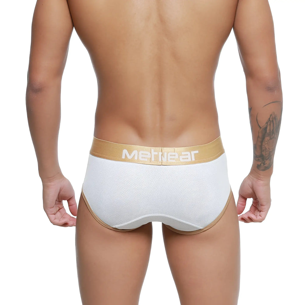White MetroMaleWear Cairo brief 5106-00 with gold waistband and trim in breathable metwear fabric