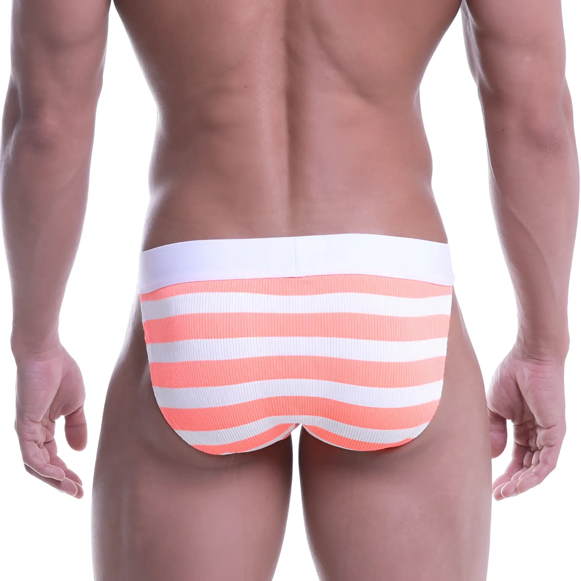 Coral and white striped ribbed briefs by metromalewear for comfortable neon orange bikini style underwear