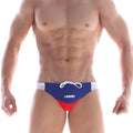 MetroMaleWear california swim bikini navy 4921-28 features blue and red swim trunks with white side panels and matching drawstring