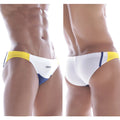 MetroMaleWear California swim bikini white 4921-00 sleek white yellow and navy blue swim trunks with a modern design