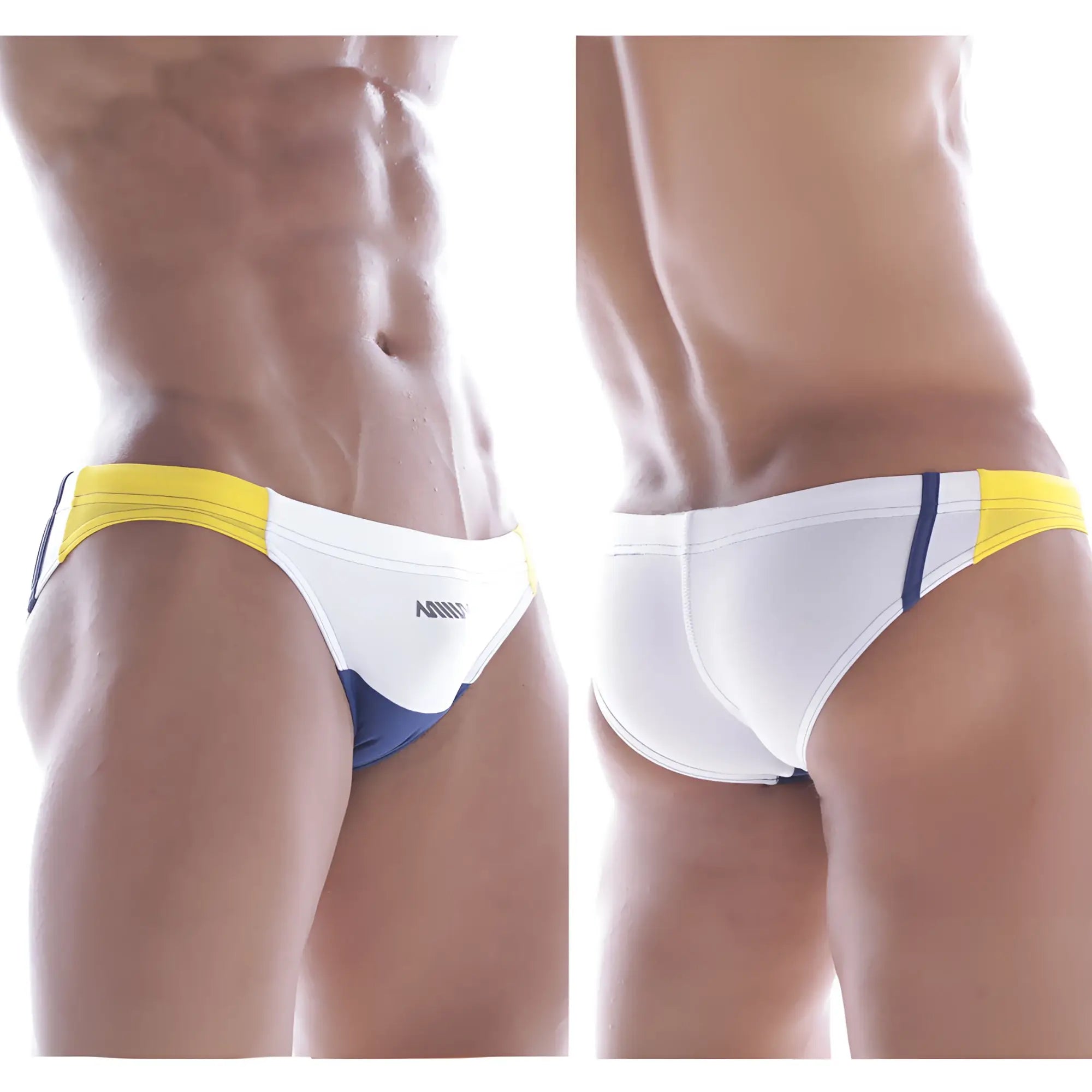 MetroMaleWear California swim bikini white 4921-00 sleek white yellow and navy blue swim trunks with a modern design