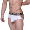 MetroMaleWear Calipso jock strap white ribbed briefs with camouflage waistband and black silhouette pattern