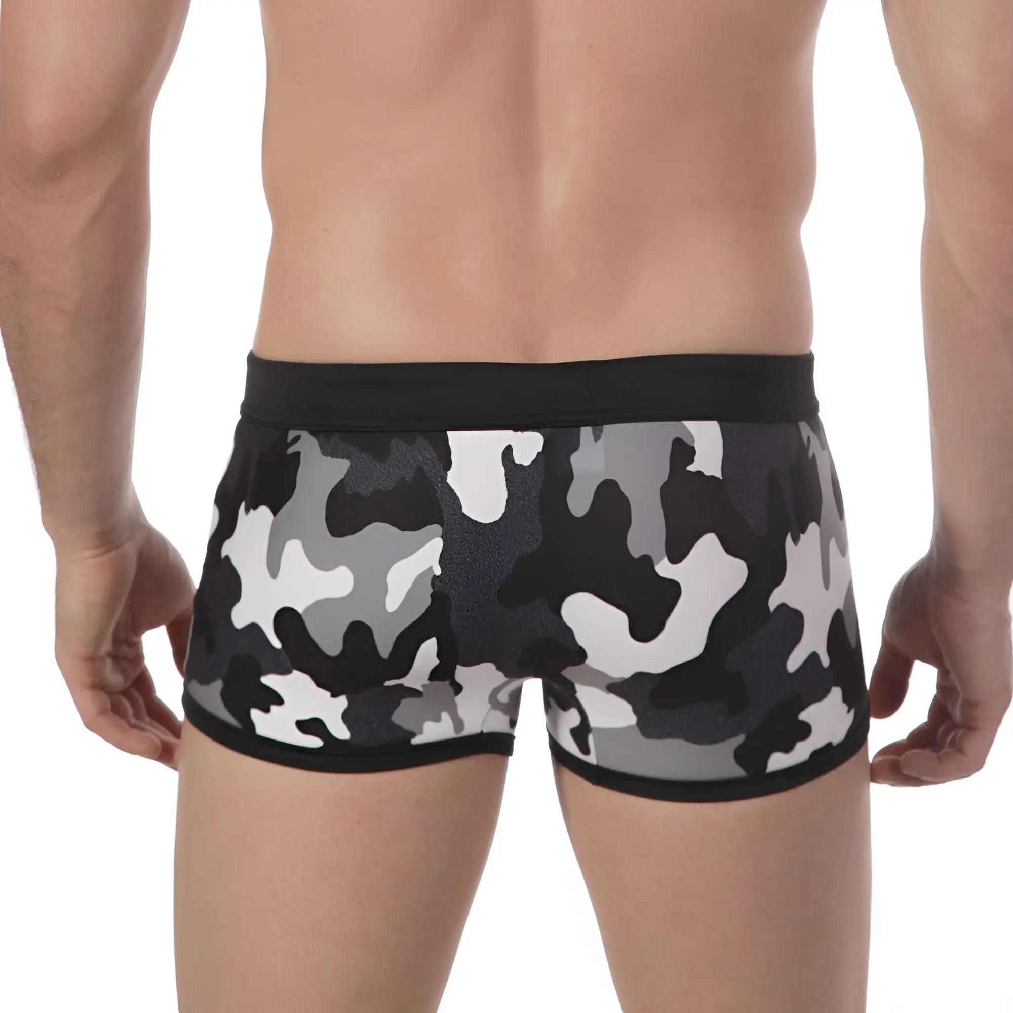 MetroMaleWear camo grey swim boxer 4926-81 men’s briefs with black gray white camouflage and solid black waistband