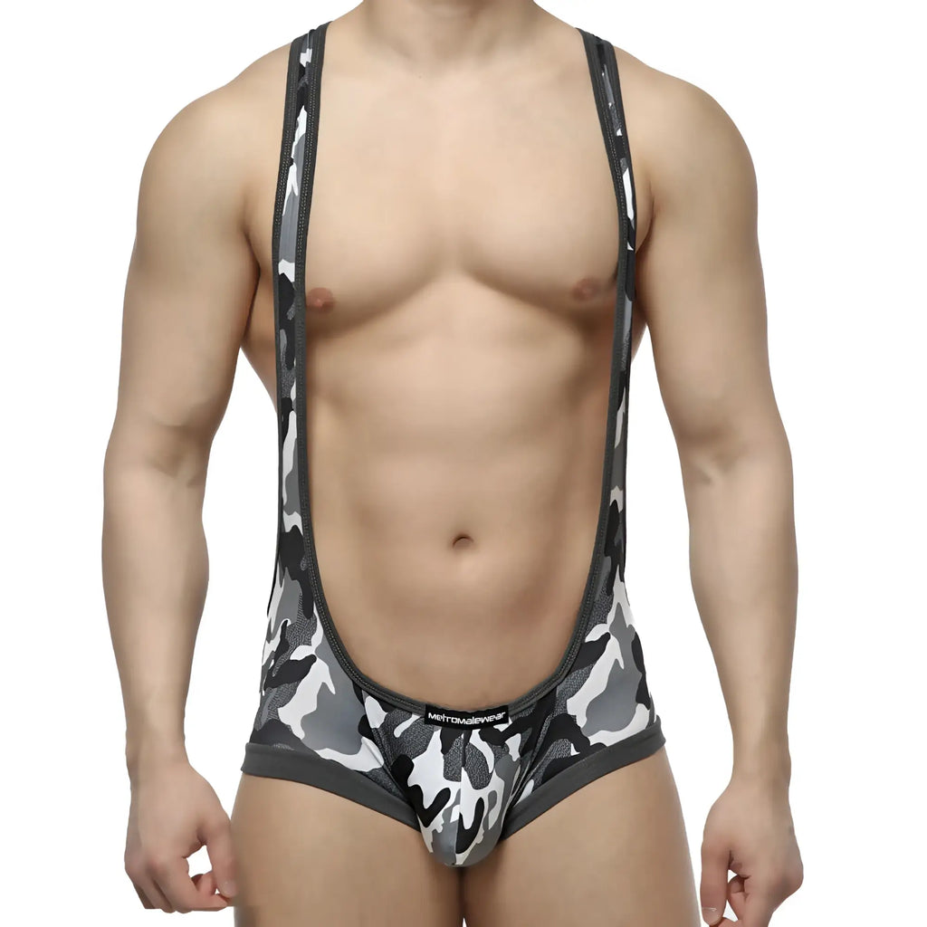 MetroMaleWear camo grey men’s wrestling singlet with snug fit in black gray and white camouflage pattern