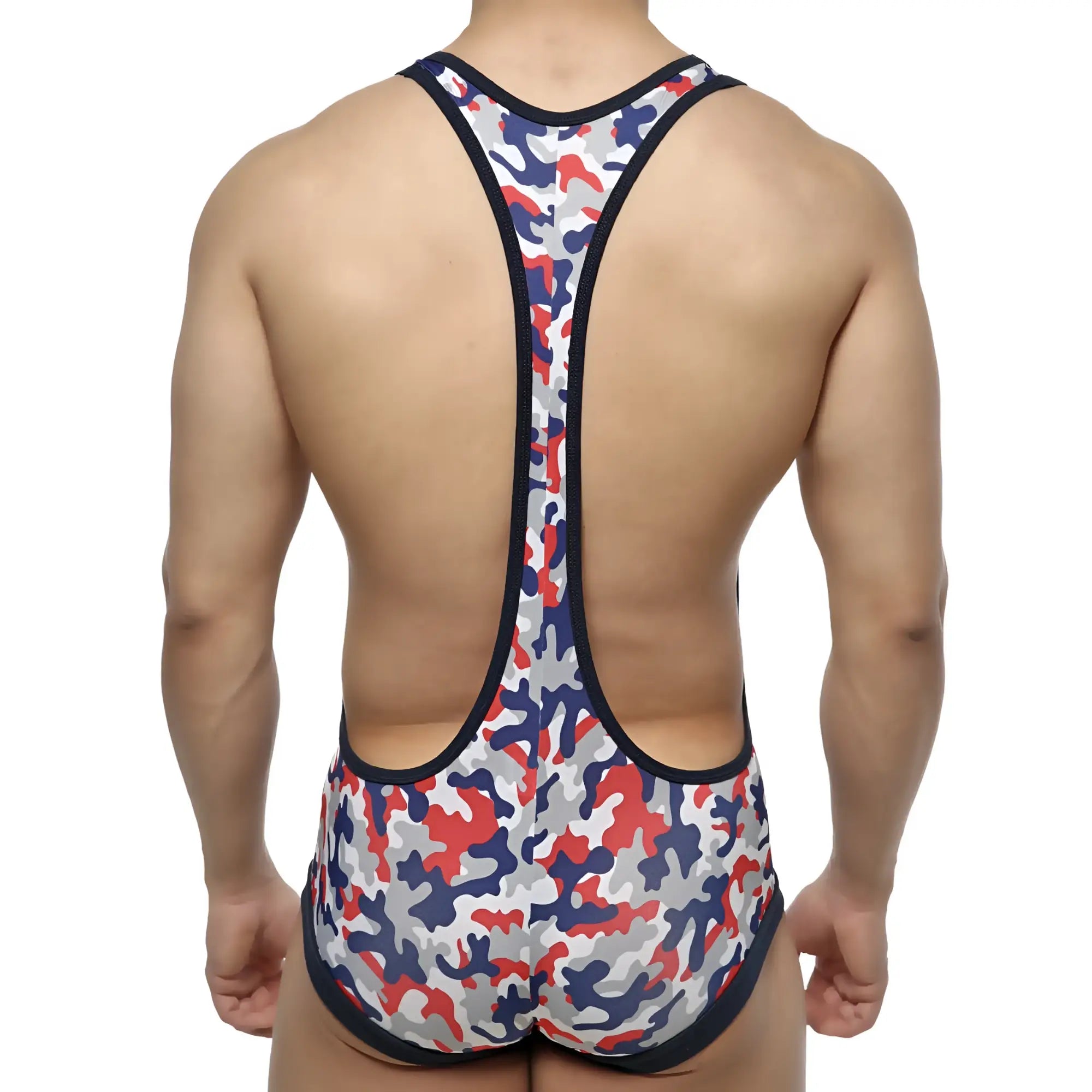 MetroMaleWear camo red wrestler 2093-92 red white and navy blue camouflage men’s one-piece swimsuit with black trim