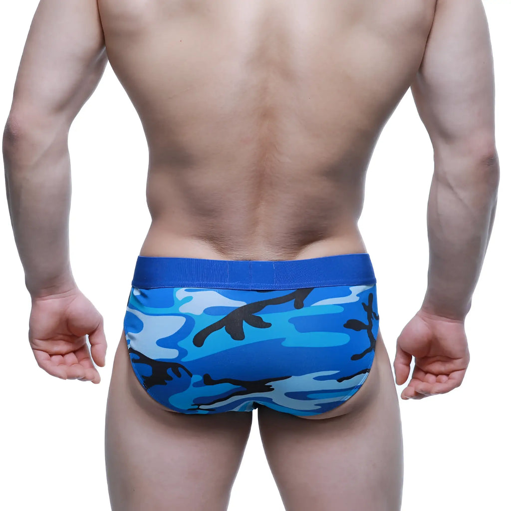 MetroMaleWear camouflage brief 5203-18 blue and black patterned men’s underwear with solid blue elastic waistband