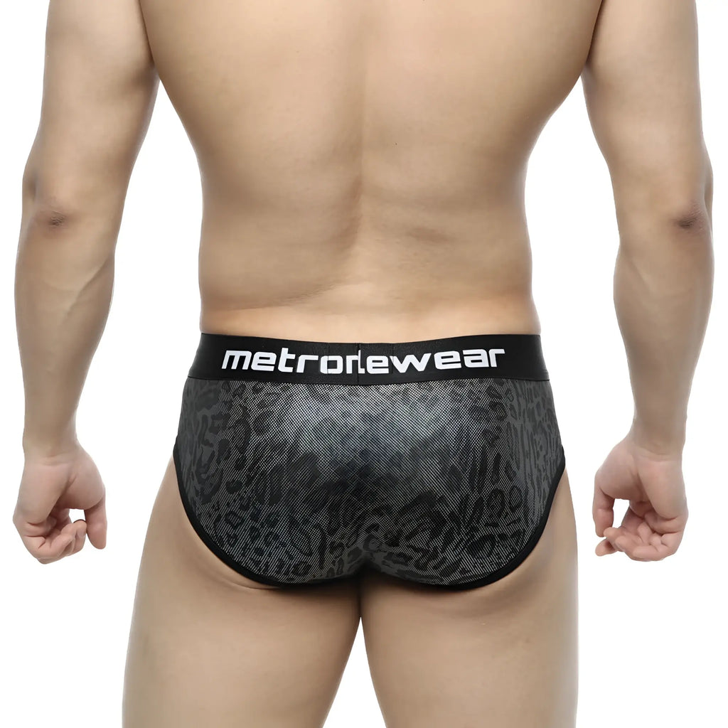 Black and gray leopard-print metro male wear camouflage hip briefs with black waistband and metronewear logo