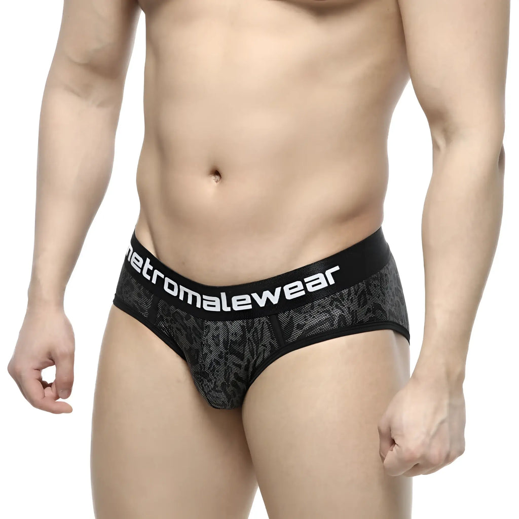 MetroMaleWear camouflage hip brief 5003-90 black patterned mesh texture with white branding on waistband