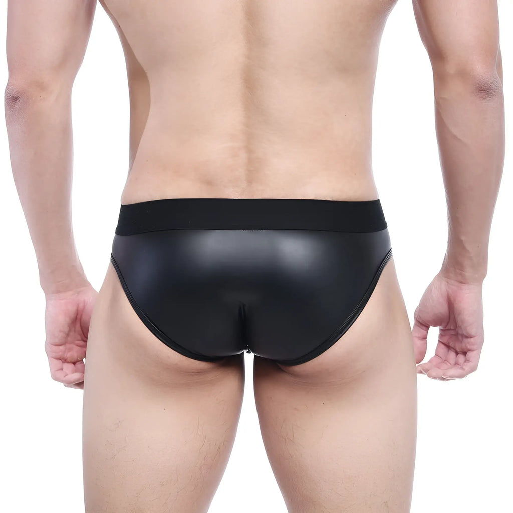 Black glossy faux leather swim briefs with smooth sleek design and elastic waistband from MetroMaleWear