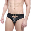 MetroMaleWear camouflage swim brief 4946-90 with black leather trim, camouflage mesh panel, and matching belt buckle