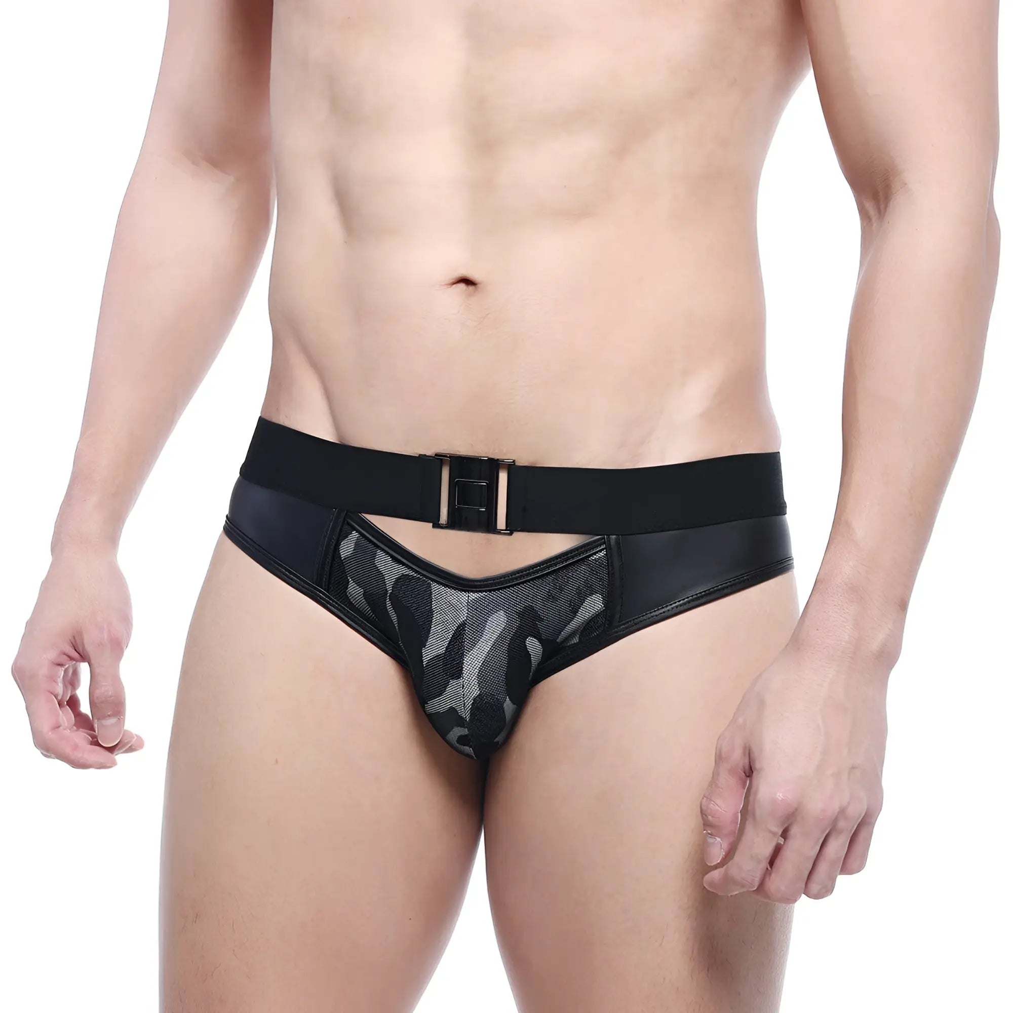 MetroMaleWear camouflage swim brief 4946-90 with black leather trim, camouflage mesh panel, and matching belt buckle