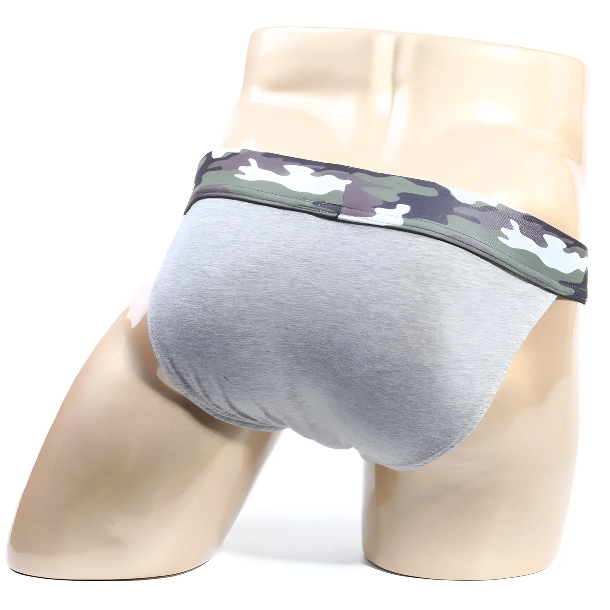 Gray athletic briefs with camouflage waistband from metromalewear camp bikini gray 3904-10 collection