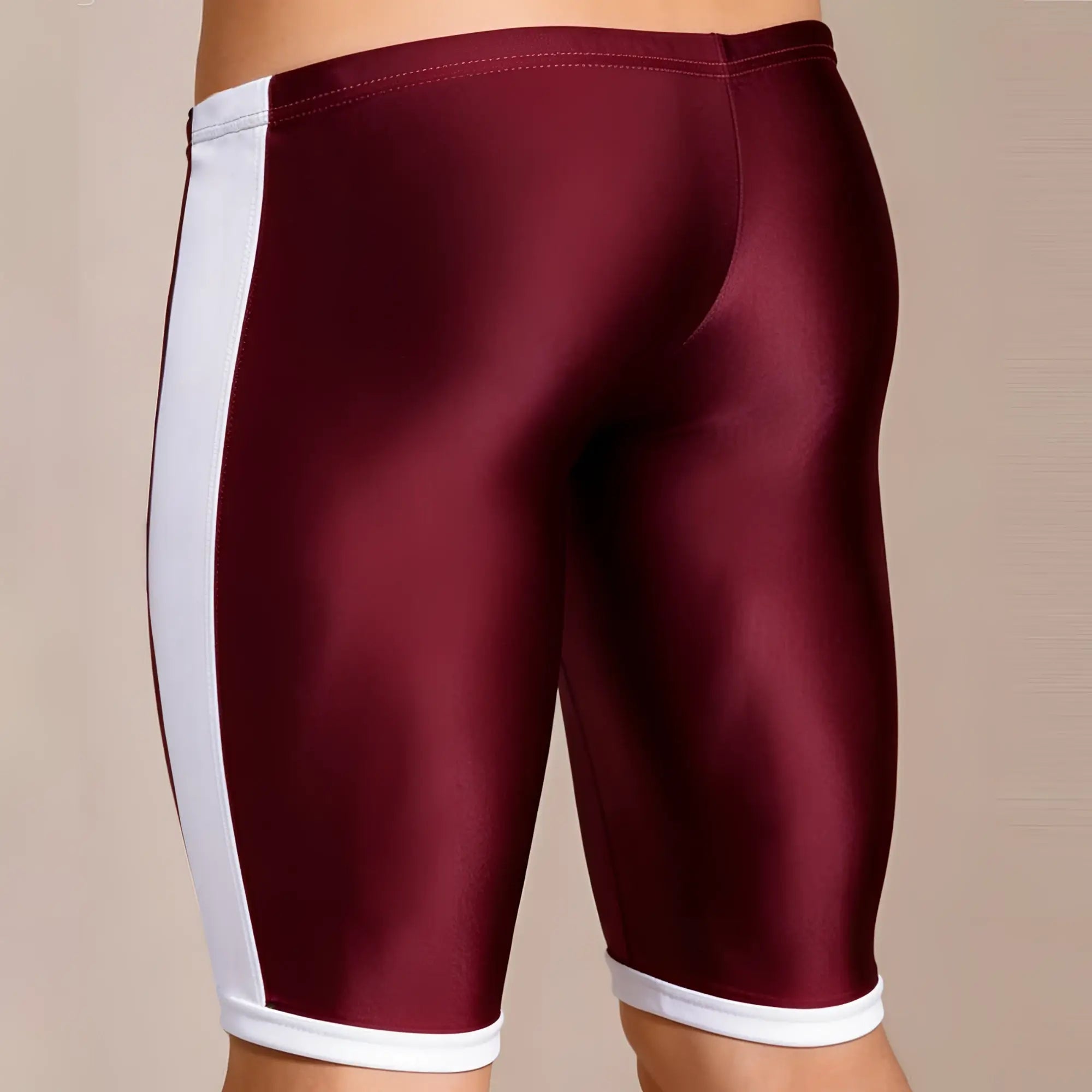 MetroMalewear campus jammer burgundy athletic shorts in maroon and white shiny form fitting fabric
