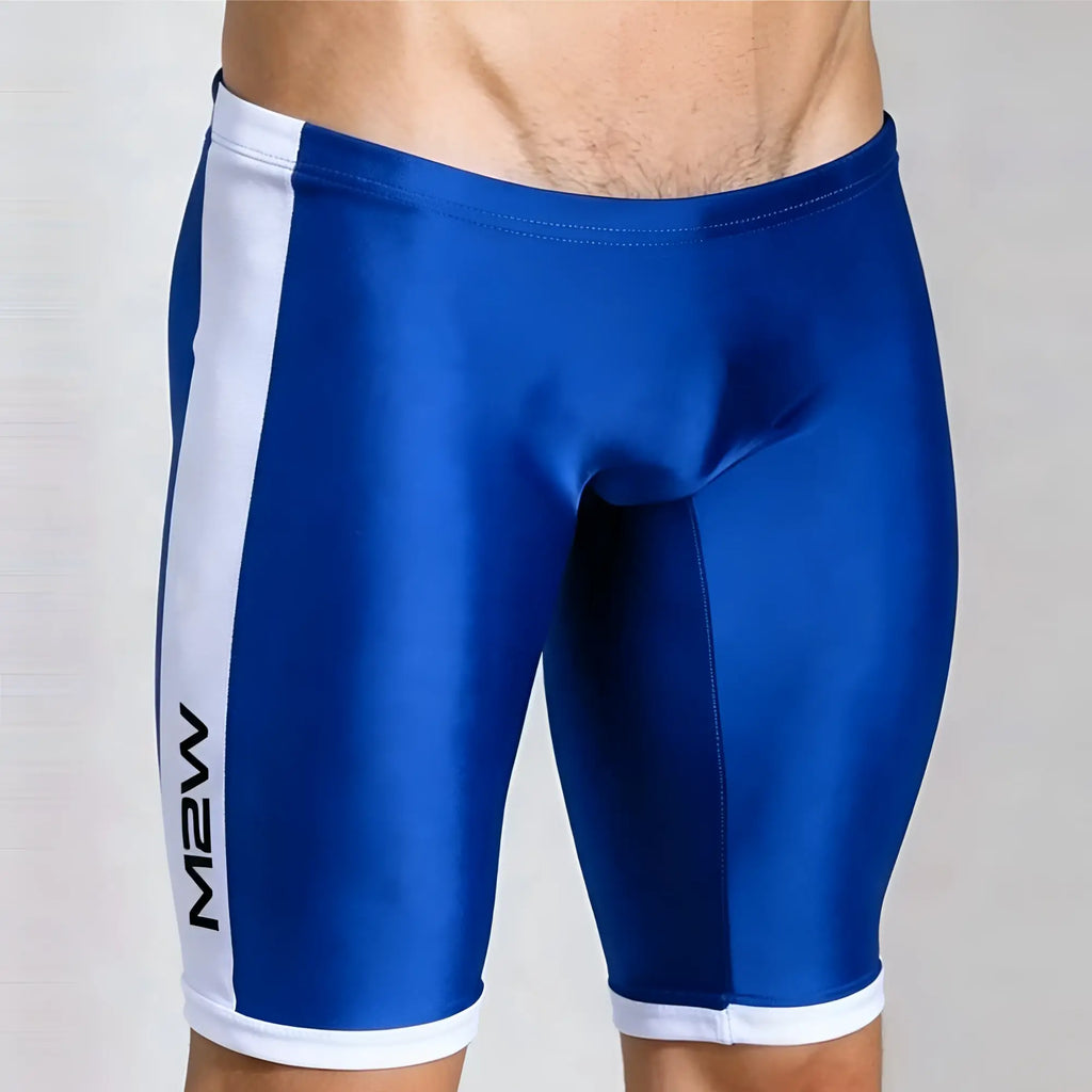 Blue and white MetroMaleWear Campus Jammer royal blue athletic shorts with sleek form-fitting design and m2w logo on the side