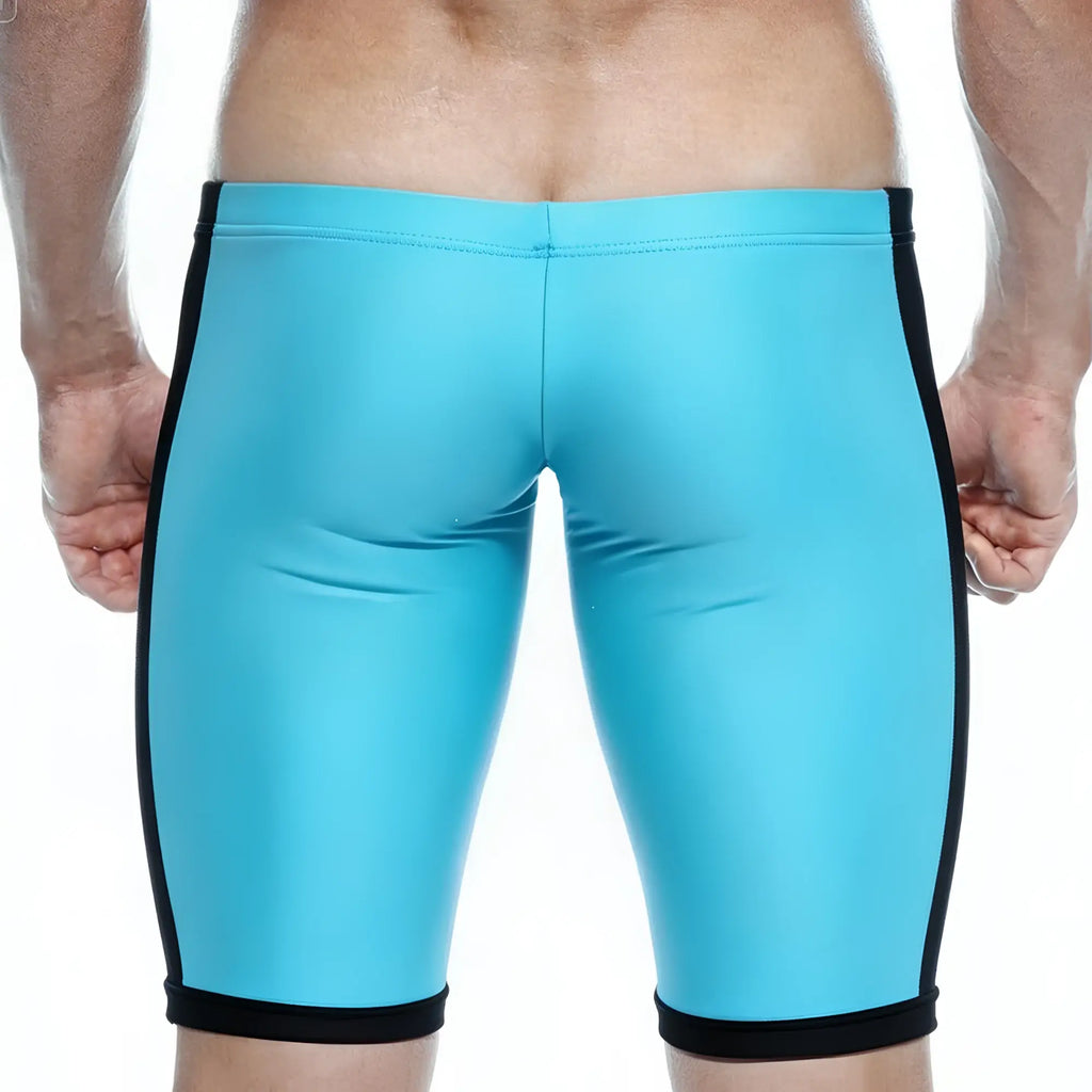 Metro malewear campus jammer turquoise swim trunks with black accents and a sleek form-fitting design